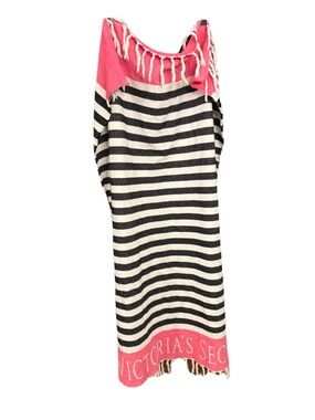Victoria's Secret Black & White Striped Cover-Up with Pink Trim & Fringe Cotton